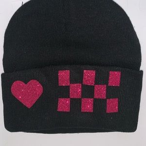 Hot Pink glitter HEART & CHECKERED beanie